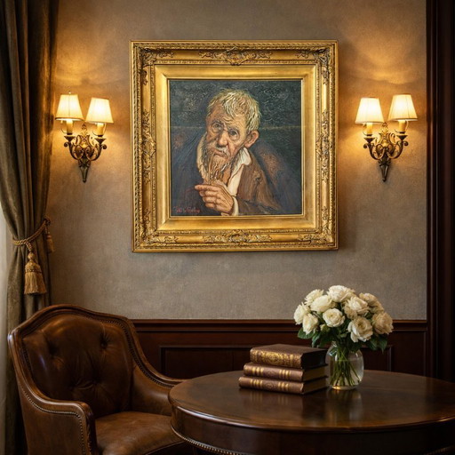 Seltenes Ölgemälde auf Leinwand von Tullio Grassi „Alter Mann mit Pfeife“