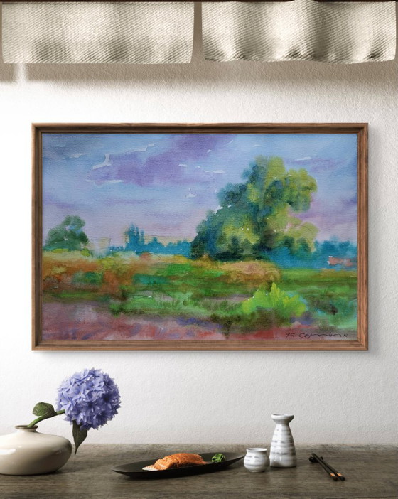 Original Watercolor Painting Nature Landscape Meadow August Summer Day – Paintings & Drawings, Paper (photo 3 of 7)