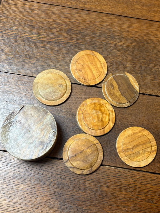 Image 1 of Dessous de verre rustiques vintage en bois avec support (lot de 6) – Style milieu du siècle / bohème
