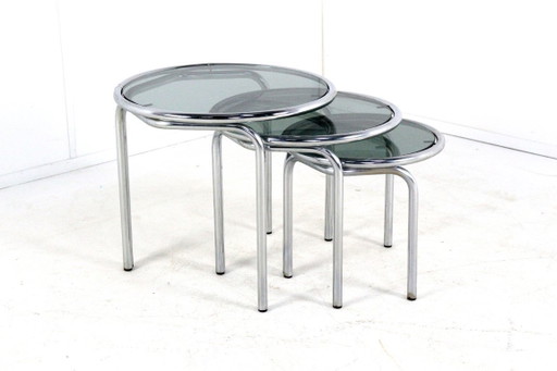 Italian round chrome nesting tables smoked glass vintage