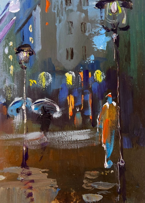 Image 1 of Original Oil Painting Gloomy Street Landscape Dynamics of the city during rain