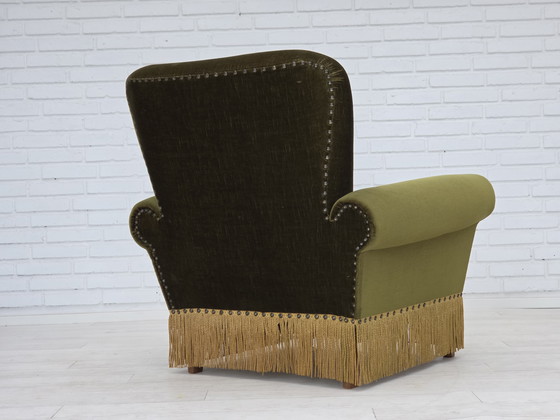 Image 1 of 1970s Danish Lounge Chair, High, Furniture Velour, Ash Wood Legs