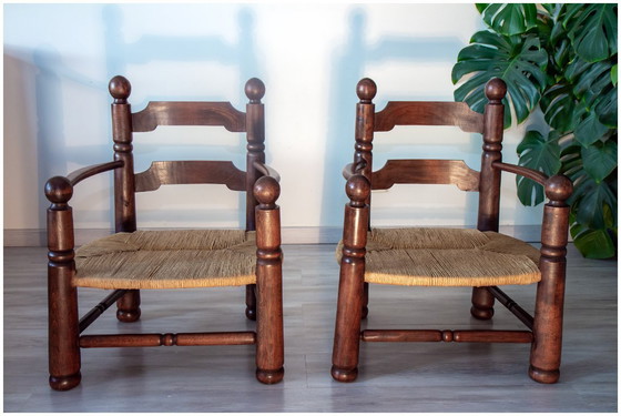 Image 1 of Eikenhouten en biezen fauteuil, brutalistische stijl, Charles Dudouyt, jaren 40