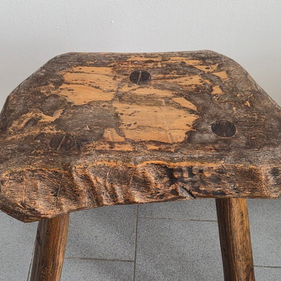 Image 1 of Pair of Vintage Brutalist Tripod Stools 1970s in Oak 70s DLG Marolles