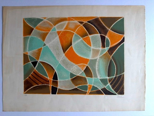 Litografía original – Composición abstracta en colores otoñales – Firmada – Edición limitada 13/99