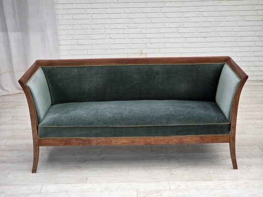 Divano danese a 3 posti, anni '50, rivestimento in velluto verde/blu, legno di frassino.