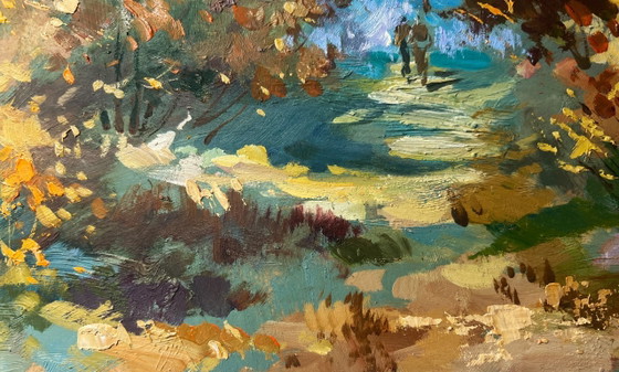 Image 1 of Peinture à l'huile originale, paysage forestier d'automne, promenade en forêt d'automne