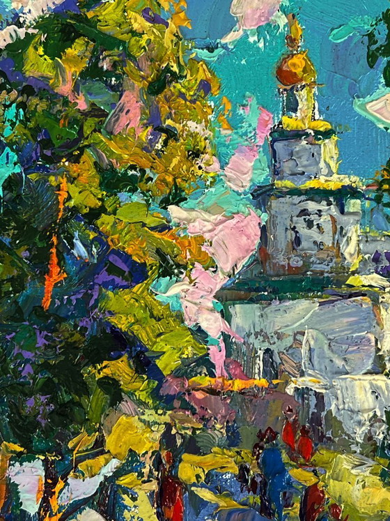 Image 1 of Original Oil Painting Rural Landscape Church Morning Bell in the Village