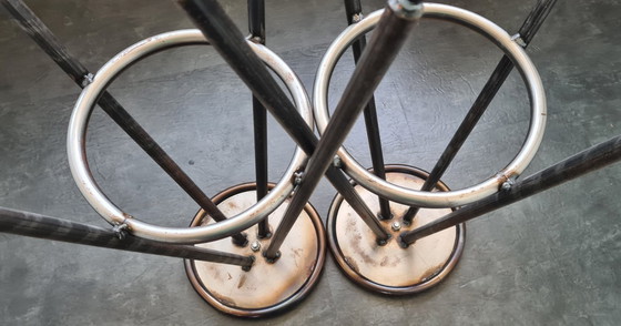Image 1 of Set (2x) industrial vintage metal bar stools metal & wood