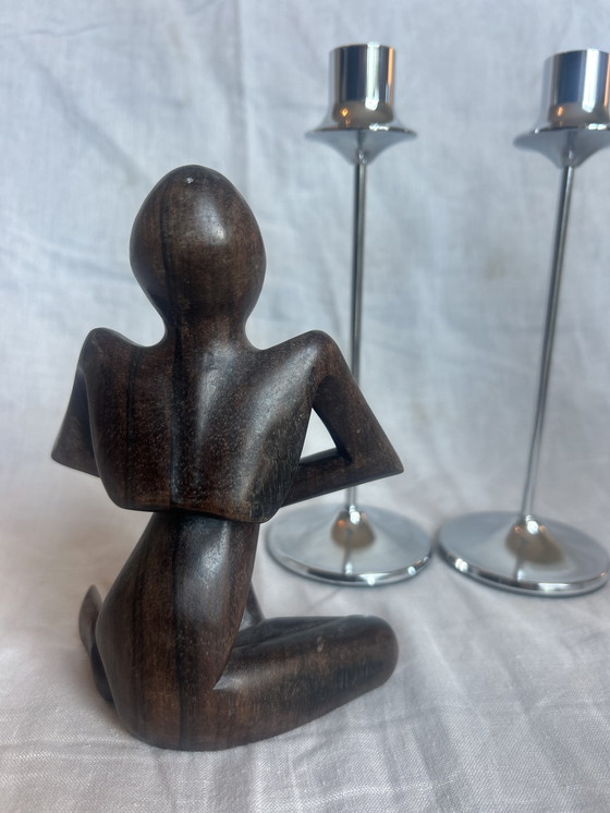 Image 1 of Houten beeld de denker seventies 79 abstract 