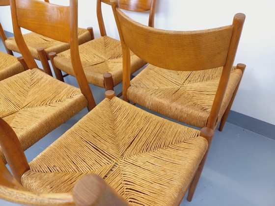 Image 1 of Suite de 6 chaises vintage italiennes en teck et corde danoise Gessef Consorzio Sedie Friuli