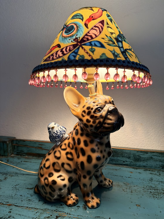 Image 1 of Lampada in ceramica fatta a mano con base a pantera / paralume in velluto