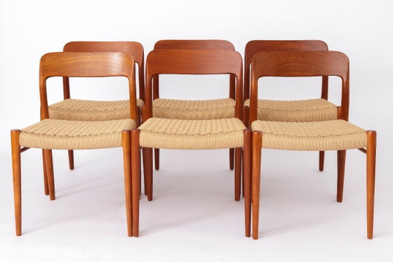 Grote set van 8 Niels Otto Møller teakhouten eetkamerstoelen – model 75 (jaren 1950), Deense zittingen van (photo 5 of 15)