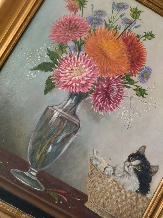 Antique Painting on Panel - Kitten and Flowers - Signed Léon Chevalier – Leon Chevalier, Paintings & Drawings (photo 6 of 10)