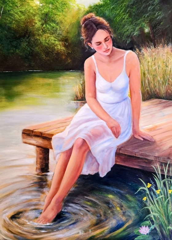 David KANDELAKI - Woman sitting on the pier - Artist's Painting, Paintings & Drawings, Canvas, Other, Green (photo 5 of 11)