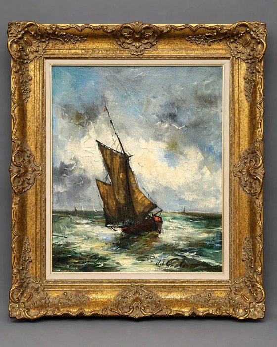 J.J. Coulon. "Marine Landscape." Oil on canvas. – Paintings & Drawings, Mid Century Modern (photo 8 of 8)