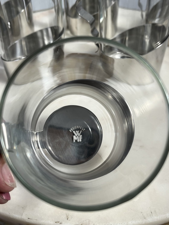 6 Vintage MCM/Space Age WMF Theeglazen Met Cromargan Houder – Tafelaccessoires, Glass, Metal (photo 3 of 5)