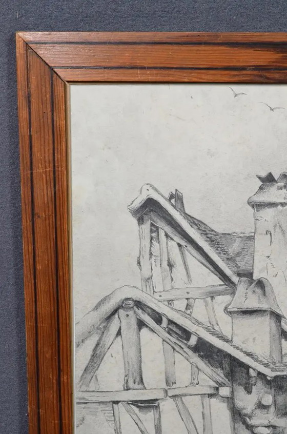 Disegno a carboncino attribuito a Jacques Moulinier (1753–1828) — Figure davanti a una casa a graticcio (photo 10 of 14)