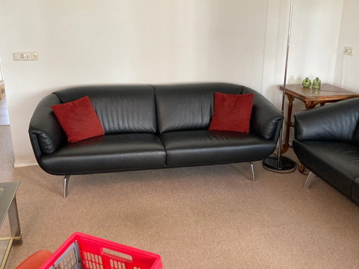 Leolux Ascana 3-Sitzer-Sofa, schwarzes Leder, verstellbarer Sitz