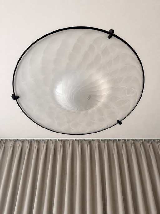 Large Vintage Italian Murano Glass Pendant Lamp – White Swirl Glass – 1970/80's – hanglampen