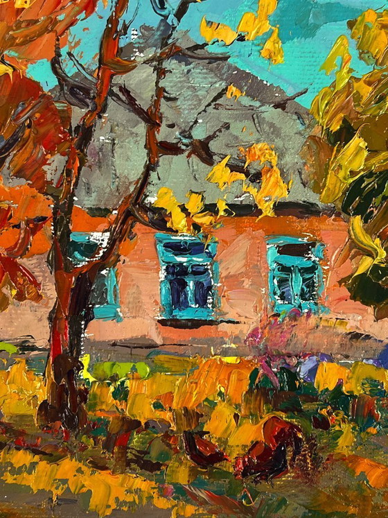 Image 1 of Peinture à l'huile originale représentant un paysage champêtre, une maison et une maison en automne dans un village
