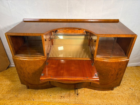Image 1 of Art Deco Vintage Burr Walnut Cocktail Cabinet / Sideboard by Beautility Circa 1930–1940  A truly stunning Art Deco cocktail cabi