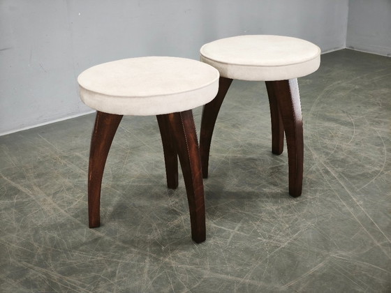 Image 1 of Pair of Art Deco Beech Wood Stools, 1940s, Newly Upholstered
