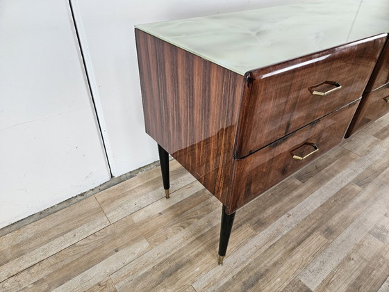 Image 1 of Vintage six-drawer mahogany burl dresser with glass top, 1960