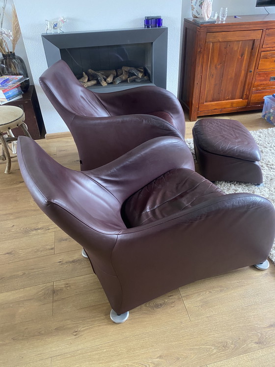 Image 1 of 2x Montis Loge con sgabello in pelle color melanzana