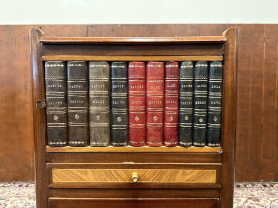 Set of Classic English Nightstands with Books and Marquetry, Leather, Wood, Brown (photo 6 of 14)