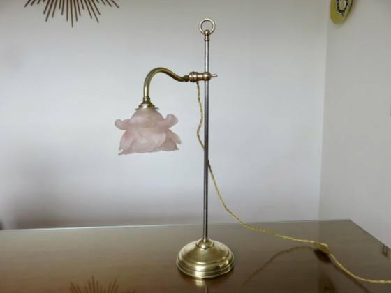 Image 1 of Lampada da gioielleria Art nouveau in bronzo e tulipani in pasta di vetro rosa