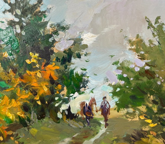 Image 1 of Peinture à l'huile originale Paysage de route d'été Un chemin à travers le silence de la forêt