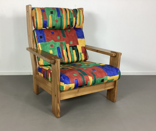 Poltrona lounge vintage anni Settanta in pino, poltrona relax