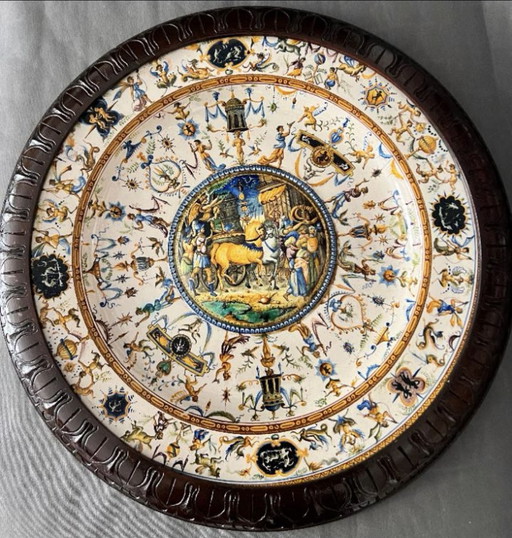 Large Cantagalli Porcelain Plate, Italy 19Th Century. Majolica Dish, Urbino Style, Hand Painted .