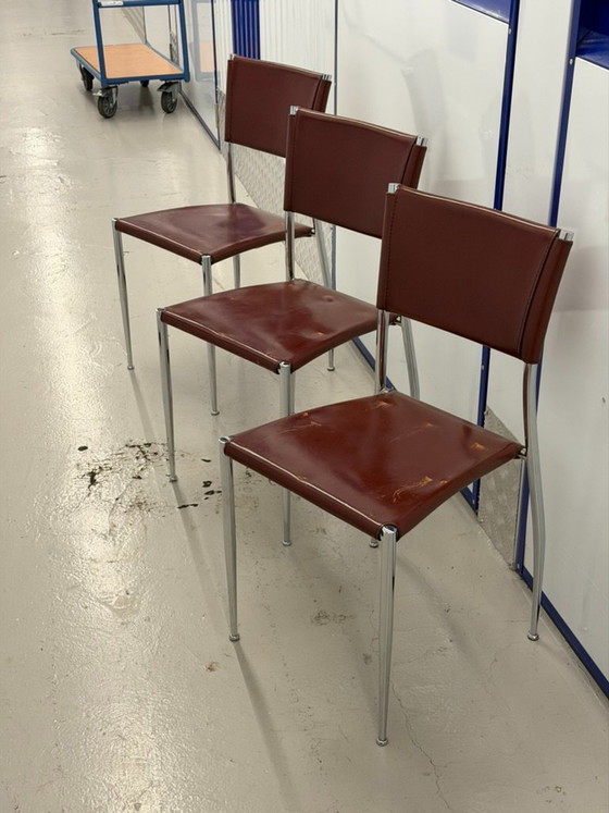 Set of 3 Vintage Fasem "Ginger" Cognac Leather & Chrome Dining Chairs, Italy 1980s – Eetkamerstoelen, Metal (photo 7 of 9)