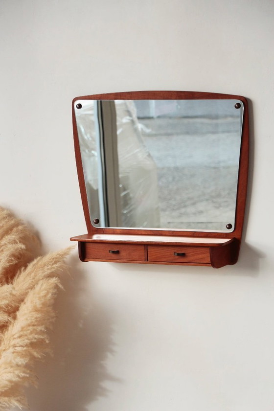 Image 1 of Scandinavian Teak Wall Mirror with Drawers – Mid-Century Danish Design