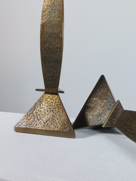 Image 1 of Pair of hand-forged hammered brass candlesticks, Menphis style