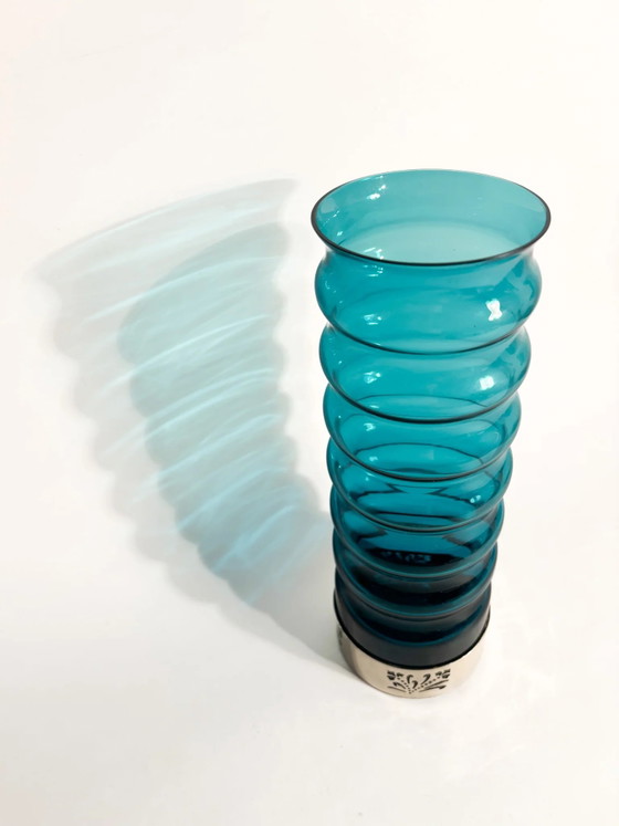 70s Cylindrical Blue Glass and Silver-Plated Metal Vase – Murano Glass (photo 7 of 9)