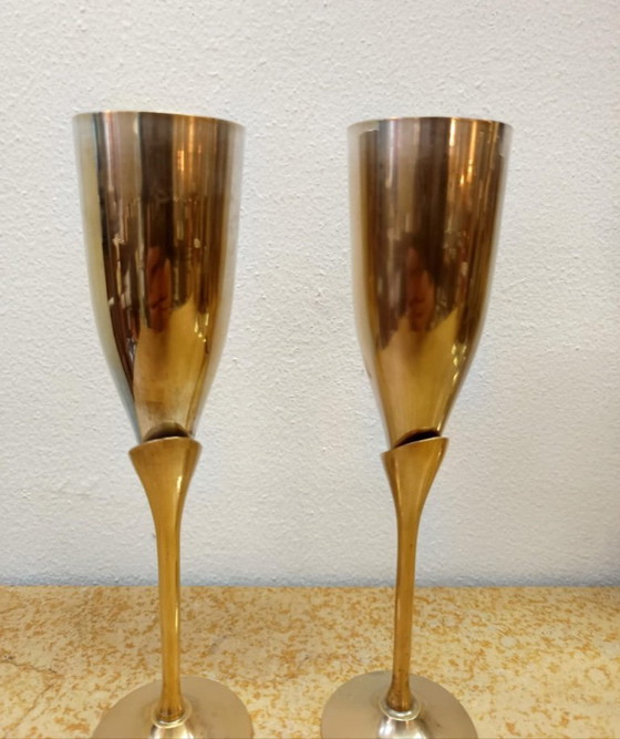 Image 1 of 8 champagneglazen van metaal en messing in Hollywood Regency-stijl uit 1970