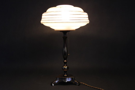 Image 1 of 1940s Restored Brass Table Lamp with Glass Shade