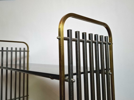 Image 1 of Italian shelf in chromed metal, brass and glass. 1970s.