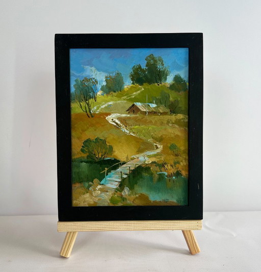 Origineel olieverfschilderij: Dorpsbrug, Landschapspad langs het dorp