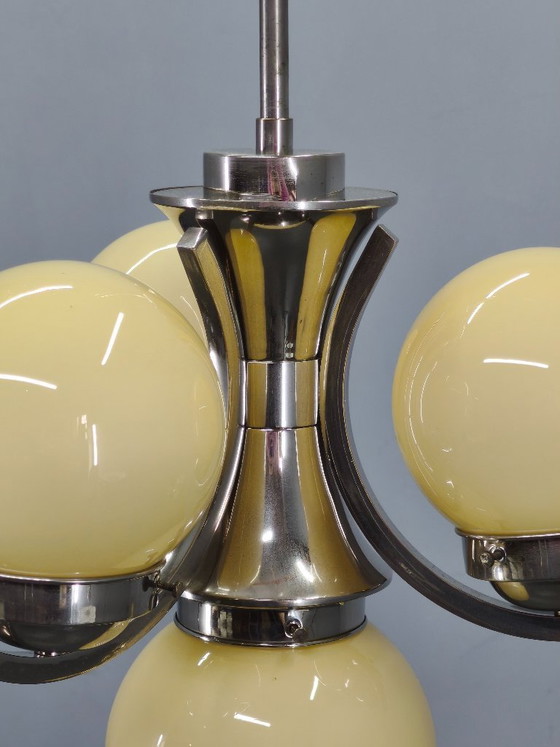 Image 1 of Art Deco Chrome and Opaline Glass Chandelier, 1930s