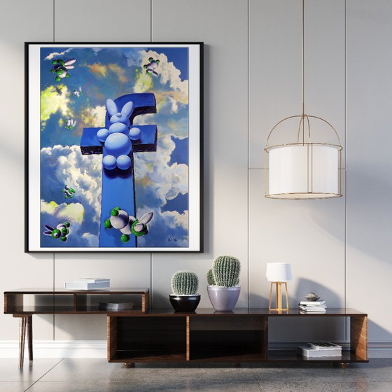 Peinture à l'Huile Originale Symbolisme Pop Art Informateur, Peintures et dessins, Toile, Bleu (photo 3 sur 7)