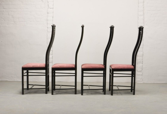 Image 1 of Giorgetti Italian Design Dining Chairs, Set of Four High Back Black Lacquered with Luxurious Soft Pink Upholstery. Italy, 1980s.