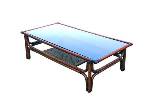 Grande Table basse en rotin et verre fumé, 1970