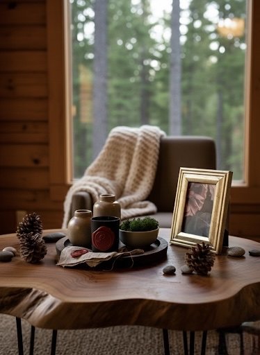 Image 1 of Ensemble Décoration Wabi-Sabi: Vases en Gres, Plateau en Bois & Cadre Patiné