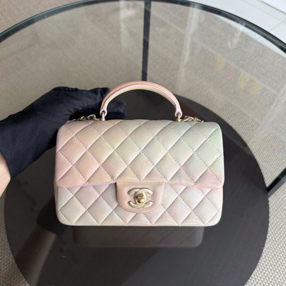 Image 1 of Chanel Classic Flap Mini Top Handle -Quilted Lambskin Ombre Rainbow Gold Hardware Microchip