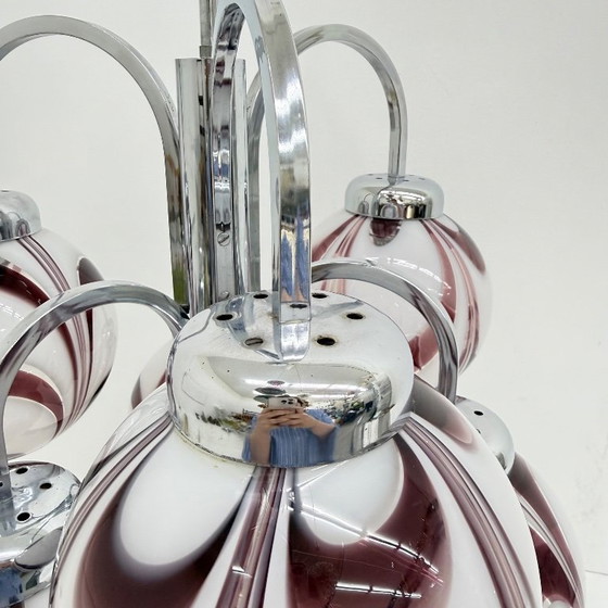 Image 1 of XL Italian purple and white murano glass swirl chandelier , 1970s