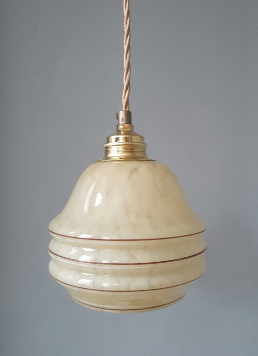Suspension vintage - verre ambré avec spots et rayures dorées.